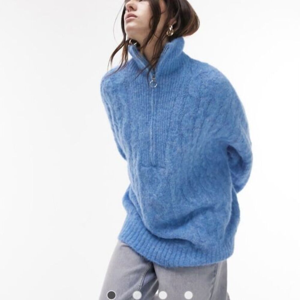 Topshop Womens‎ Blue Cable Knit Quarter Zip Oversized Sweater Size 4-6
